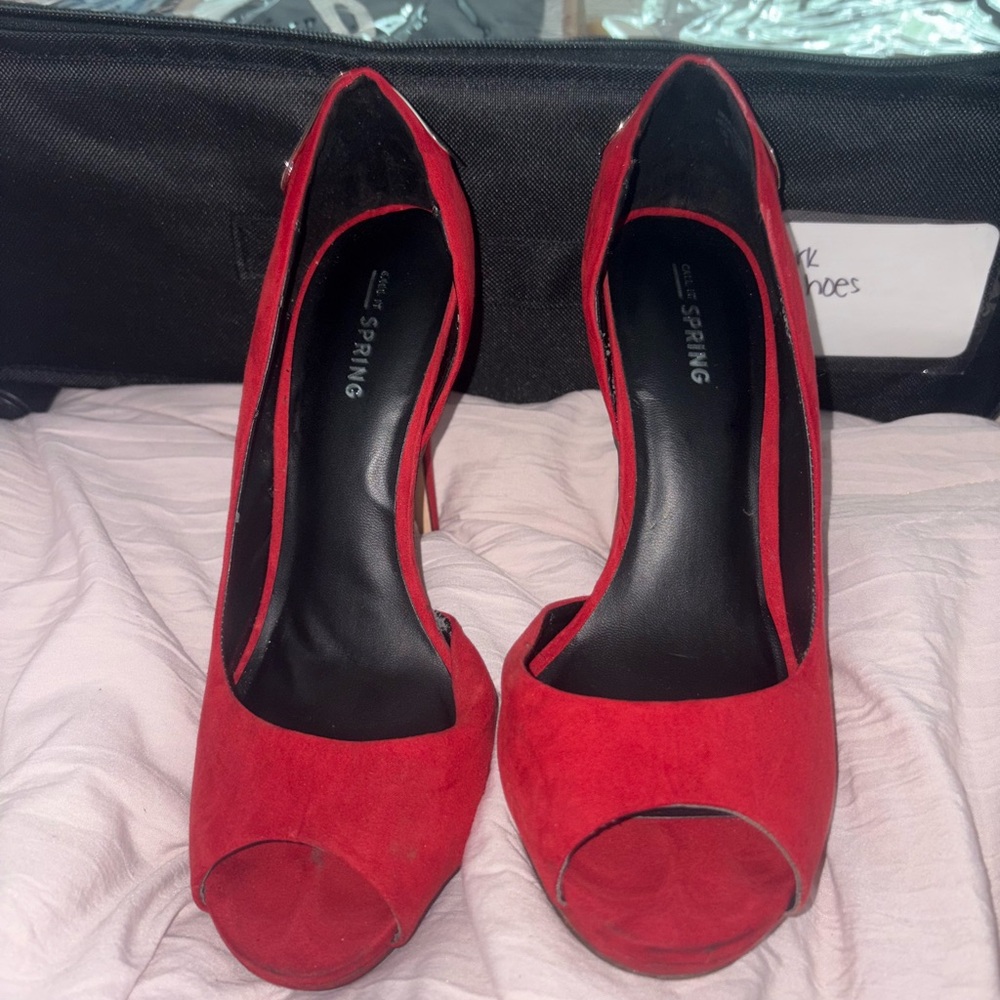 Call It Spring Red Suede Peep Toe Heels